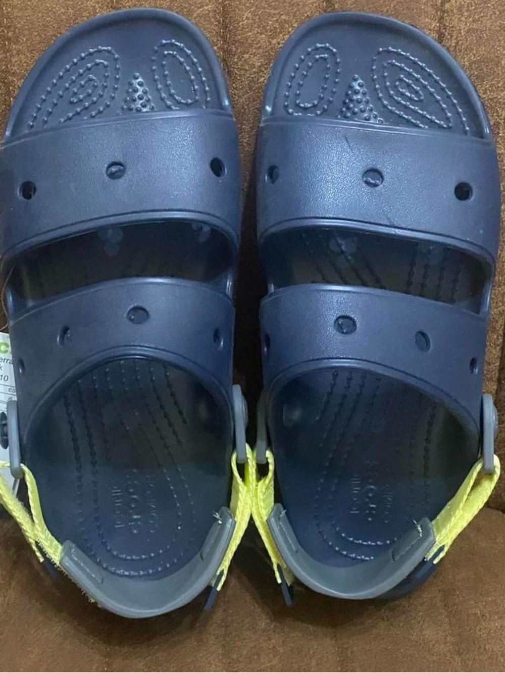 CROCS Navy Blue Kids Slide Sandals with Yellow Back Strap